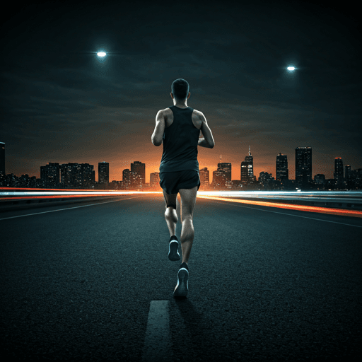 Solitary runner on a dark urban highway at dusk